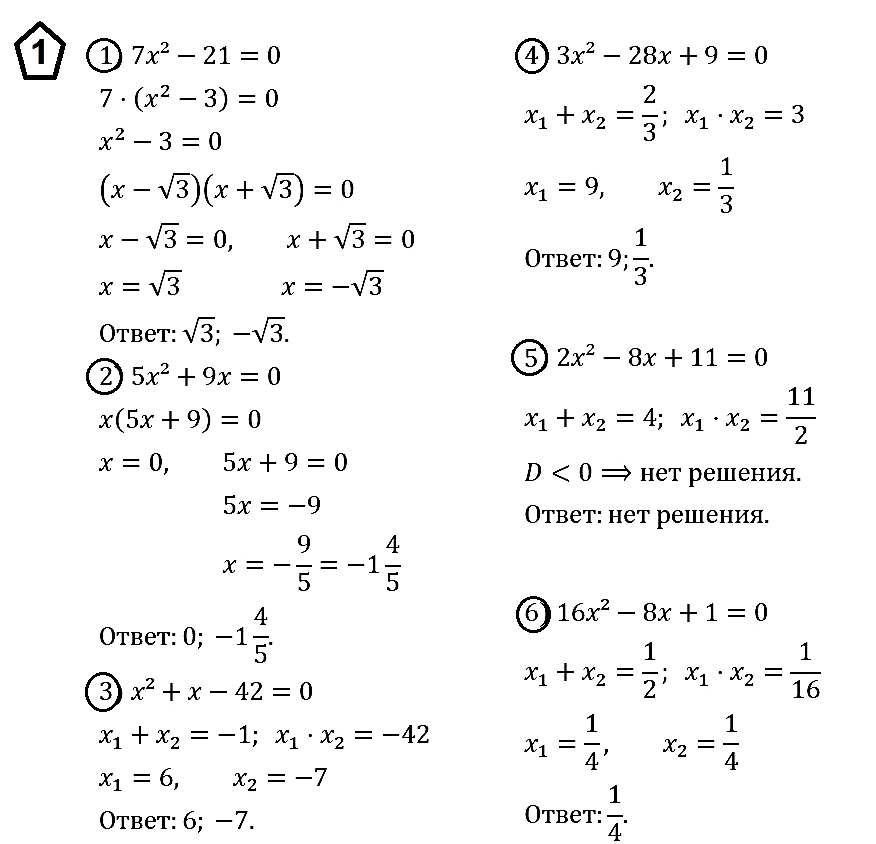 Решите уравнение: 1) 7х2 – 21 = 0; 2) 5х2 + 9х = 0;